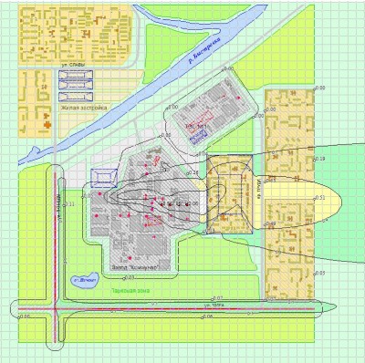 2D01.jpg (231.96 КБ) 4284 просмотра 2D расчет рассеивания 0,1 ПДК, 0,4 ПДК, 1 ПДК, высота 2 м.